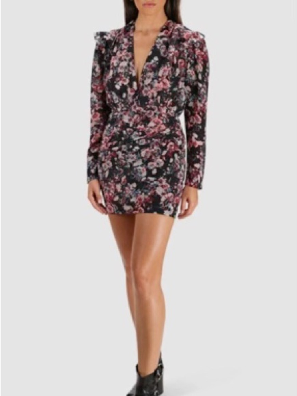 IRO Merca Silk V-Neck Mini Dress with Pink and Blue Floral Accents US 4-6 Eur 38